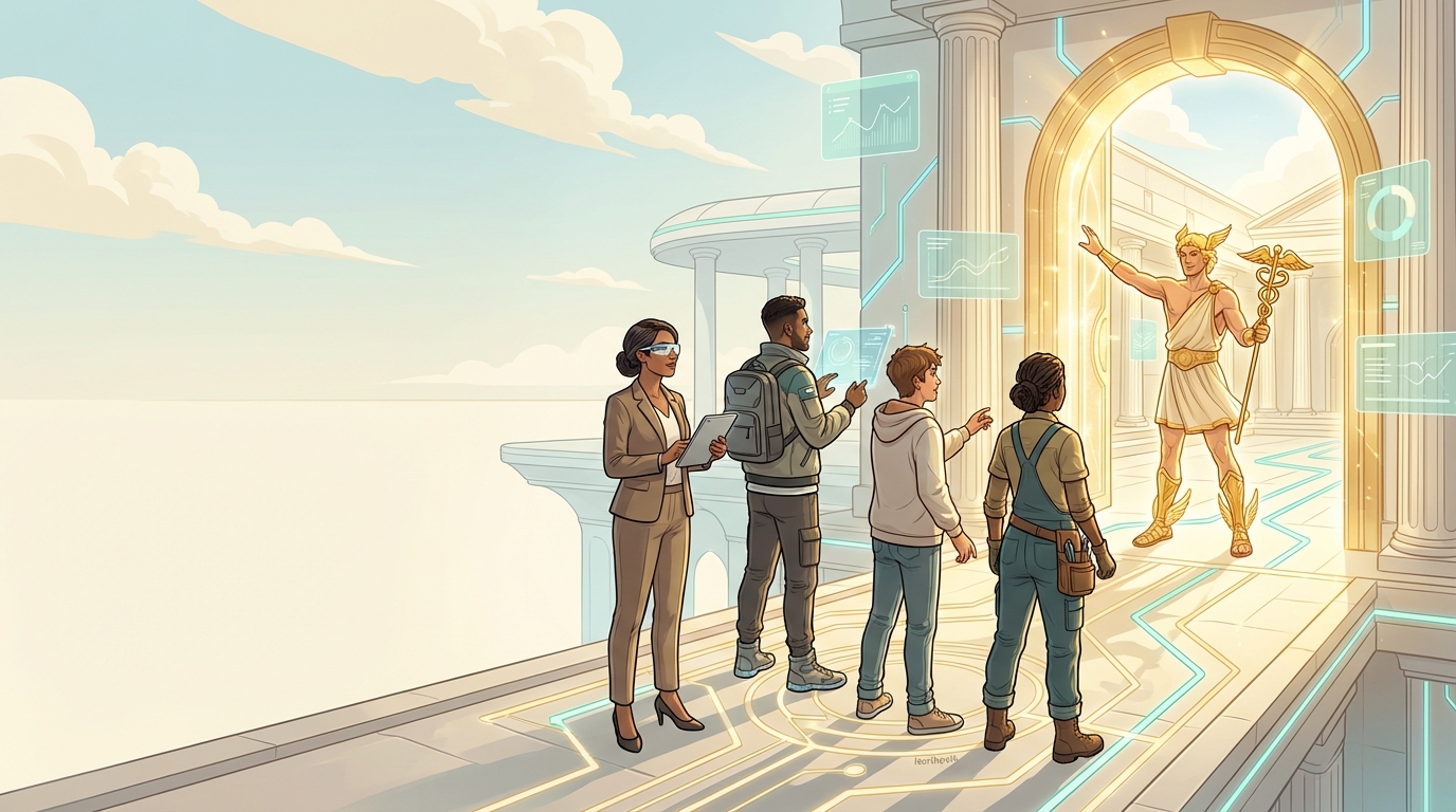AI courses and practical curriculum illustration Hermes leads practical learners toward a bright academy of applied AI education, representing structured online courses.