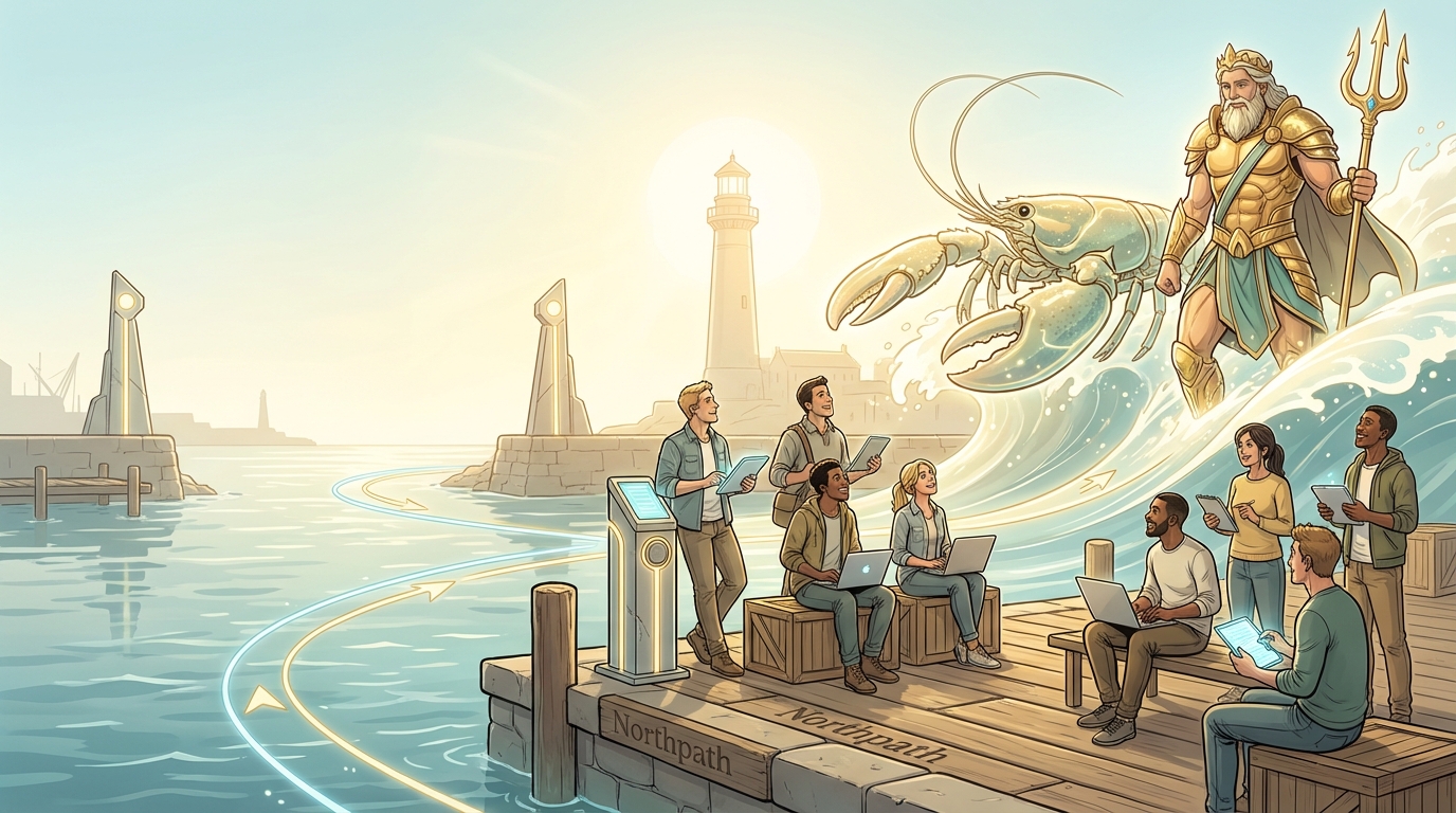 OpenClaw install and first chat lesson illustration Poseidon arrives at a bright harbor on a giant lobster while learners prepare their first successful OpenClaw setup.