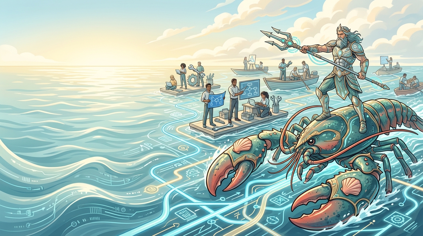 OpenClaw AI business agent guide illustration Poseidon leads builders across a bright sea of workflow routes on a giant lobster, symbolizing OpenClaw business systems and operational mastery.
