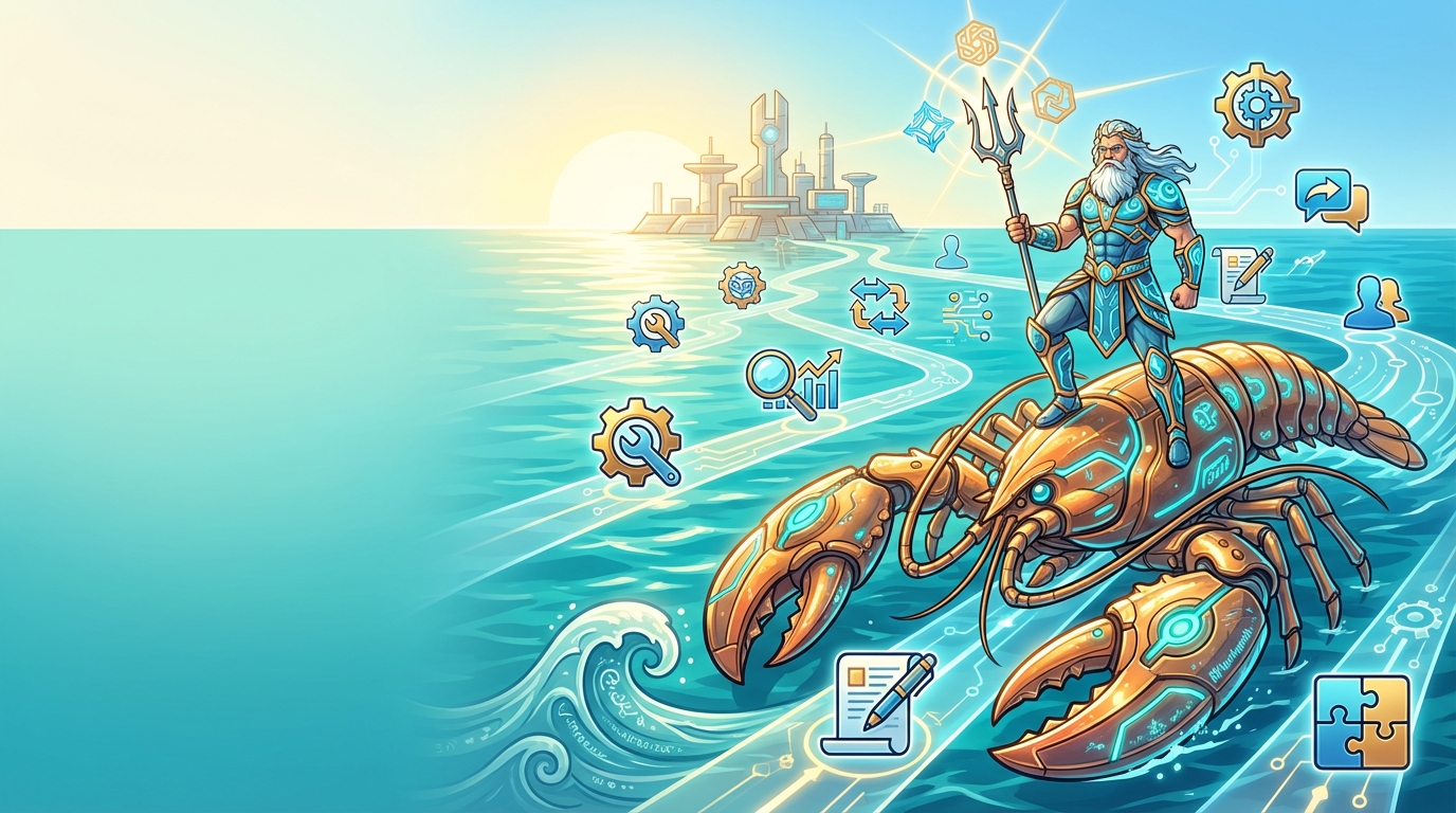 OpenClaw Skills Directory cover illustration Poseidon commands a bright fleet of OpenClaw skills and workflow tools across a calm sea.