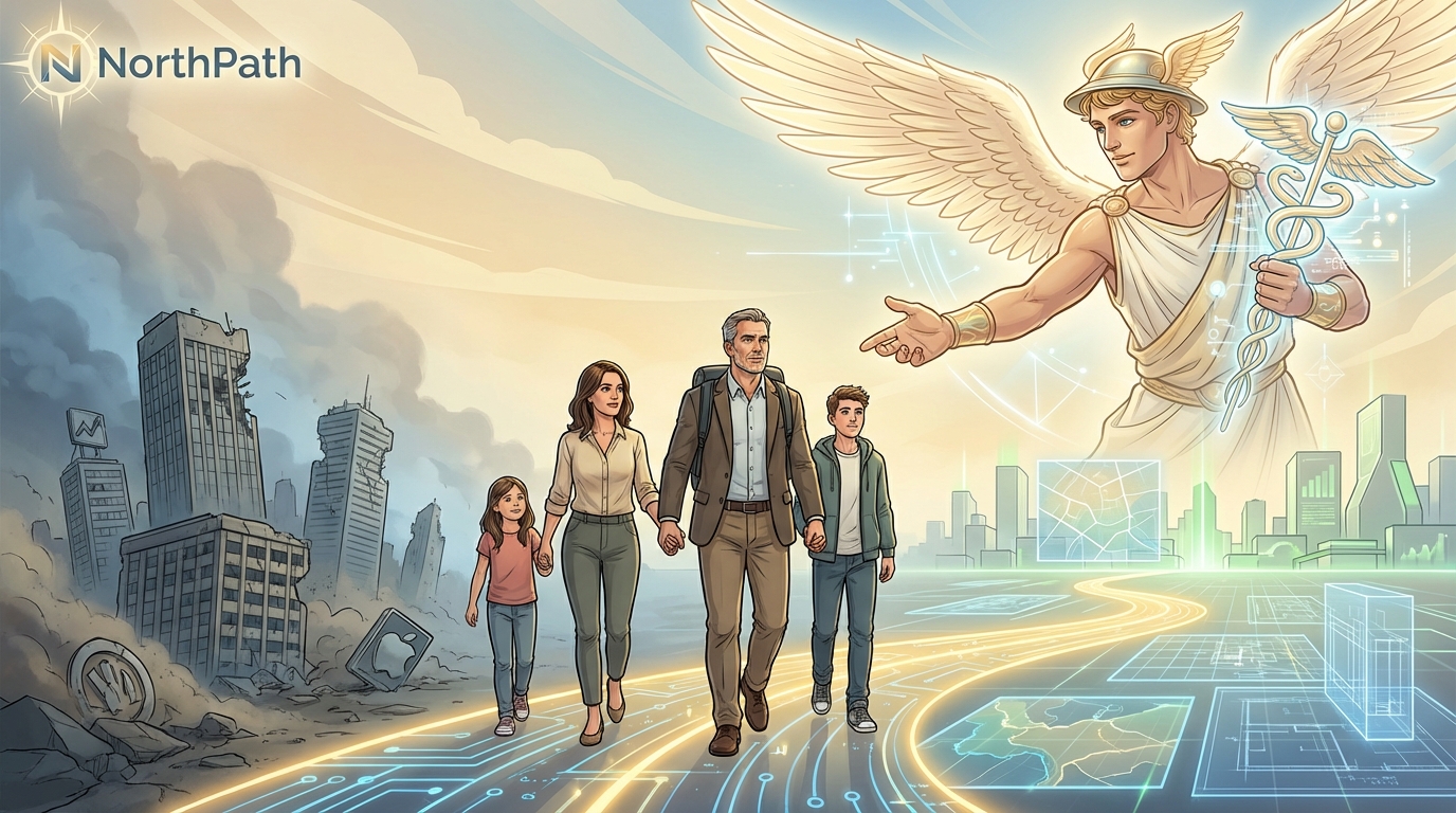 A bright mythic-tech scene showing a guided path toward income rebuilding and professional reinvention.