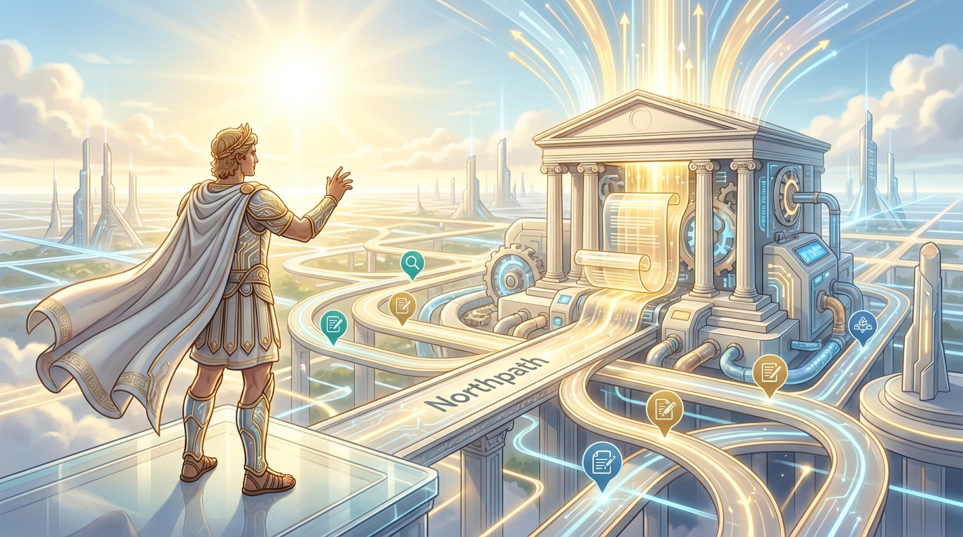 A bright Apollo-led publishing scene showing search traffic, topic systems, and content distribution paths.