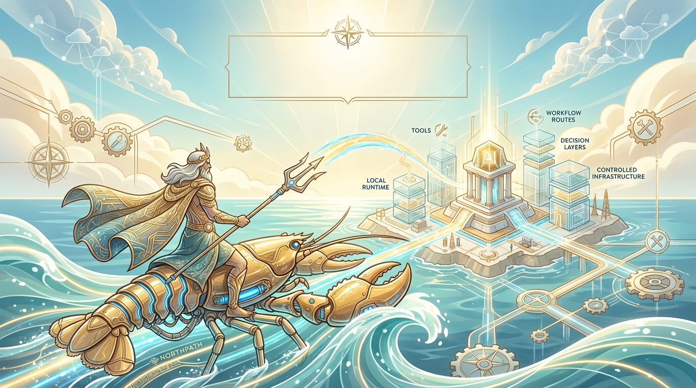 A bright Poseidon-led mythic-tech scene representing a controlled local AI agent system.