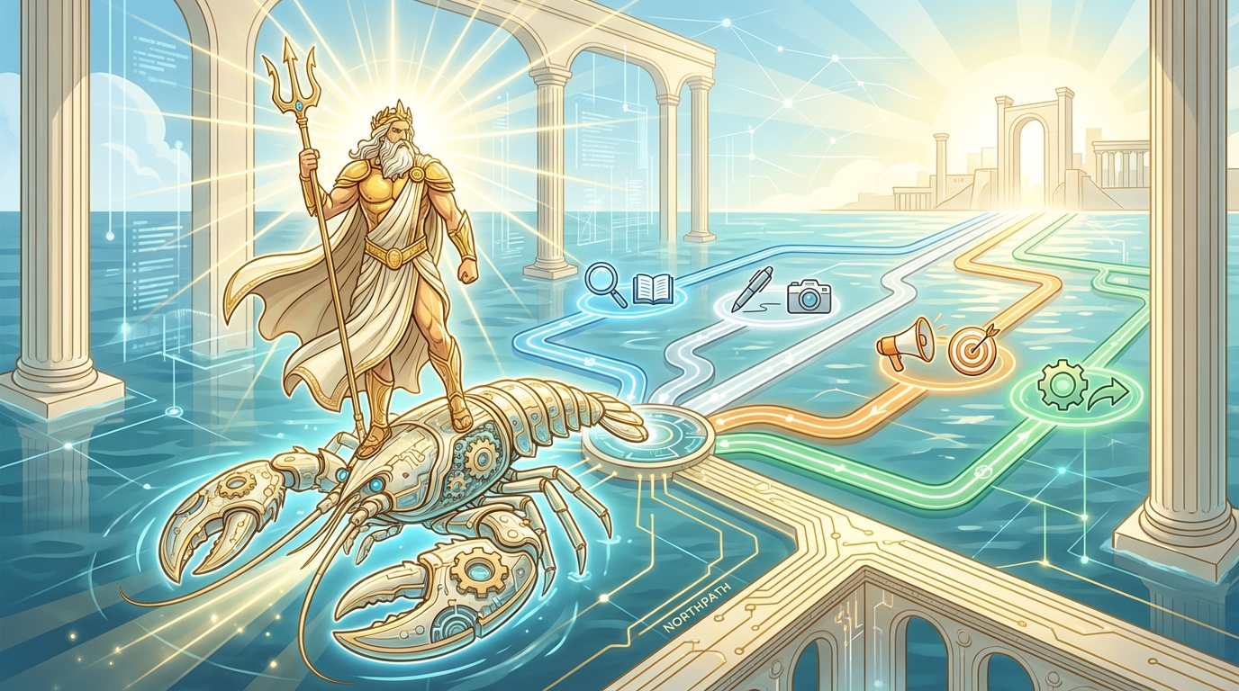A bright Poseidon safety scene showing disciplined OpenClaw permissions, browser boundaries, and review gates.