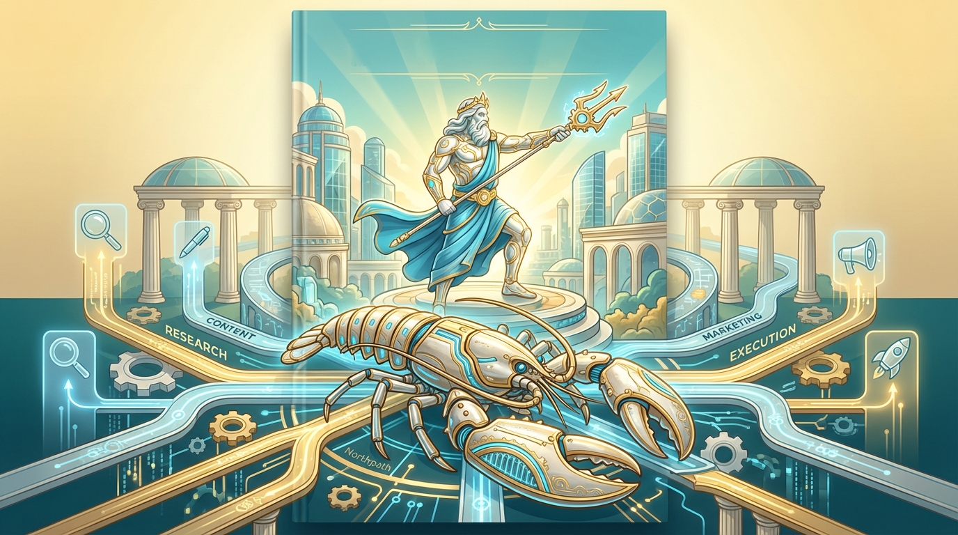 A bright Poseidon-led network scene representing specialized OpenClaw agent lanes for research, content, and marketing.