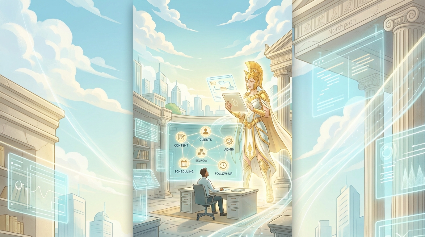 A bright Athena-led workflow scene showing a solo business operating system becoming clearer and lighter.